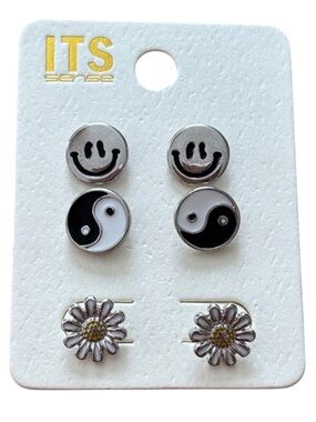 ITS Sense Smiley, Daisy, and Yin Yang Stud Earrings Set Mix & Match-Silver Tones